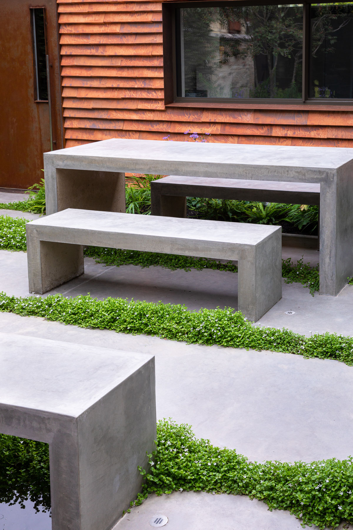 Colm Joseph Gardens Cambridge garden designer modern architecture concrete paving concrete furniture lush planting geometric lines pratia treadwellii
